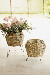 Set Of Two Round Seagrass Planteres On Iron Stands