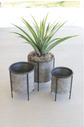 Set Of Three Galvanized Metal Planters With Iron Bases