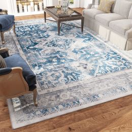 Carpet 5x7 Vintage Retro Machine Washable Area Rugs for Living Room Bedroom Blue and Cream