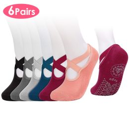 6 Packs Women Yoga Socks with Straps Non-Slip Grips for Pilates Pure Hospital Walking Dance Indoor