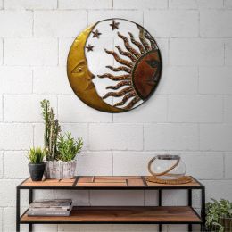 DunaWest 21 Inch Handcrafted Sun and Moon Accent Wall Decor; Round Metal Wall Mount; Rustic Gold; Bronze