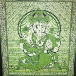 Ganesha Holding Lotus Flower In Batik Style Tie Dye Tapestry (Color: Green, size: 90 x 80)