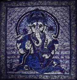 Ganesha Holding Lotus Flower In Batik Style Tie Dye Tapestry (Color: Blue, size: 90 x 80)