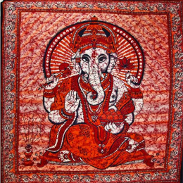 Red Ganesha Holding Lotus Flower In Batik Style Tie Dye Tapestry (Color: Blue, size: 90 x 80)