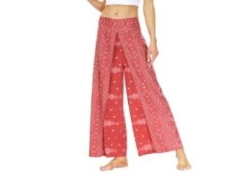 Slit Wide Leg Pants-Casual Beach Boho Baggy Yoga Pants (Color: Red)