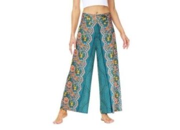 Boho Slit Wide Leg Pants / Workout Yoga Harem Pants (Color: Blue)