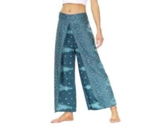 Slit Wide Leg Pants-Casual Beach Boho Baggy Yoga Pants (Color: Blue)