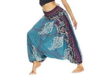 Waist Boho Floral Print Harem Yoga Pants (Color: Blue)