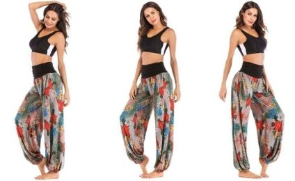 Women Casual Pants Smocked Waist Harem Hippie Boho Yoga Palazzo Casual Pants (Color: Gray)