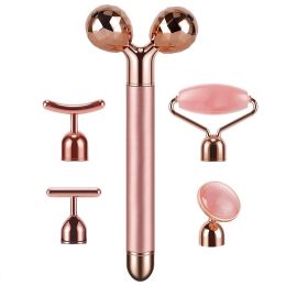 5-in-1 24K Gold Beauty Bar Face Massager-- Electric Vibrating Rose Quartz 3D Face Roller (Color: WITHOUT BOX)