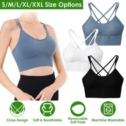 3Packs Women Cross Back Sport Bras Padded Strappy Medium Support Bras (Color: Black+White+Blue)