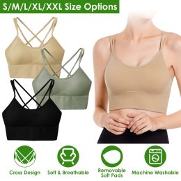 3Packs Women Cross Back Sport Bras Padded Strappy Medium Support Bras (Color: Green+Black+Beige)