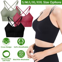 3Packs Women Cross Back Sport Bras Padded Strappy Medium Support Bras (Color: Green+Red+Black)