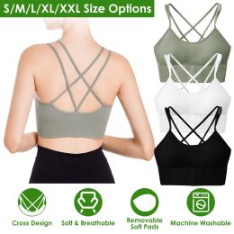 3Packs Women Cross Back Sport Bras Padded Strappy Medium Support Bras (Color: Green+Black+White)